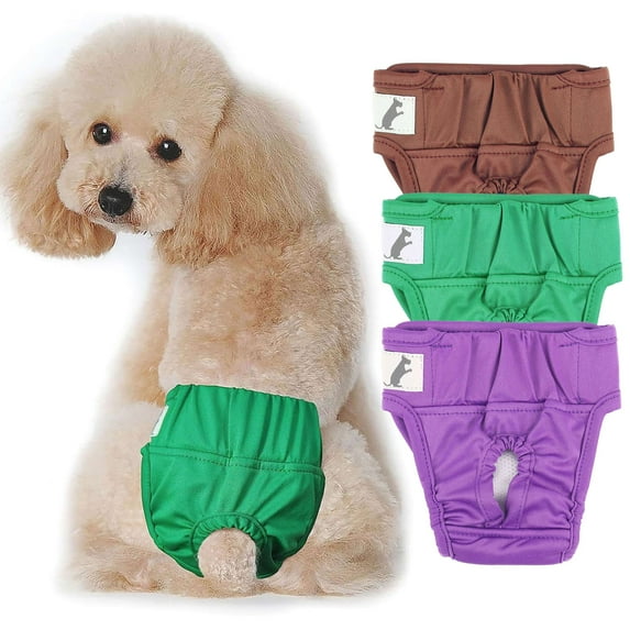 Deago 3 Pack Washable Reusable Female Dog Period Diapers for Heat Doggie Puppy Diapers for Female Dogs (Purple, Green, Brown, Small)