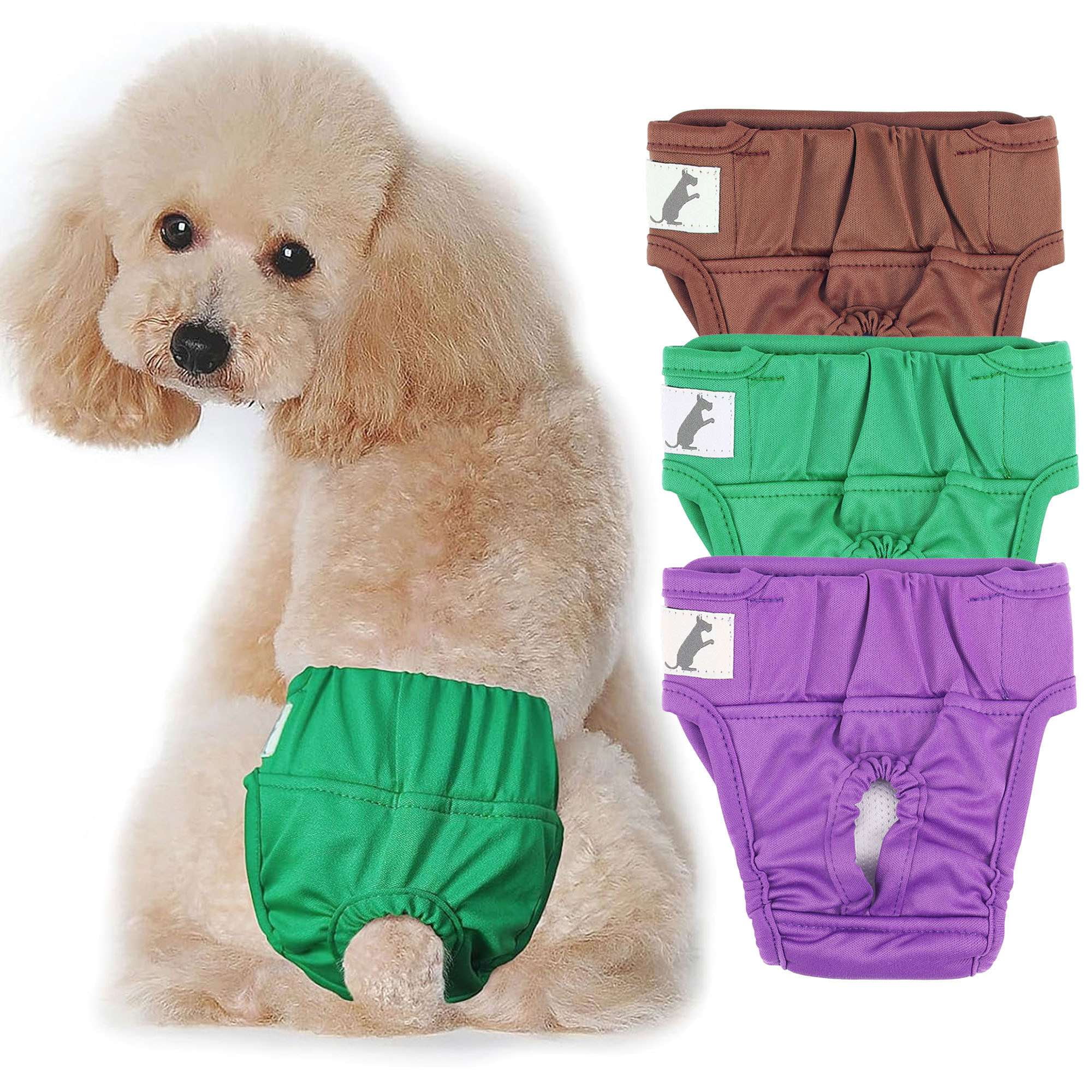 Deago 3 Pack Washable Reusable Female Dog Period Diapers for Heat Doggie Puppy Diapers for Female Dogs (Purple, Green, Brown, XX-Large)