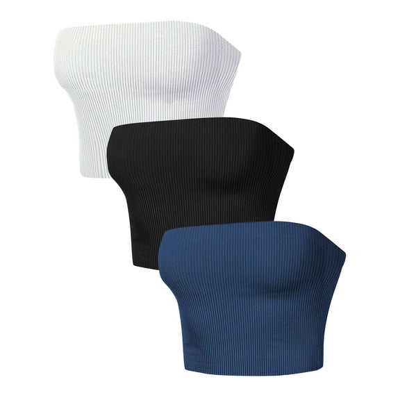 Deago 3 Pack Womens Tube Tops Strapless Crop Tops Basic Ribbed Knit Backless Sleeveless Bandeau Tank Sexy Summer Clothes (Multicolor, S)