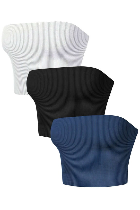 3 Pack Womens Tube Tops Strapless Crop Tops Basic Ribbed Knit Backless Sleeveless Bandeau Tank Sexy Summer Clothes (Multicolor, S)