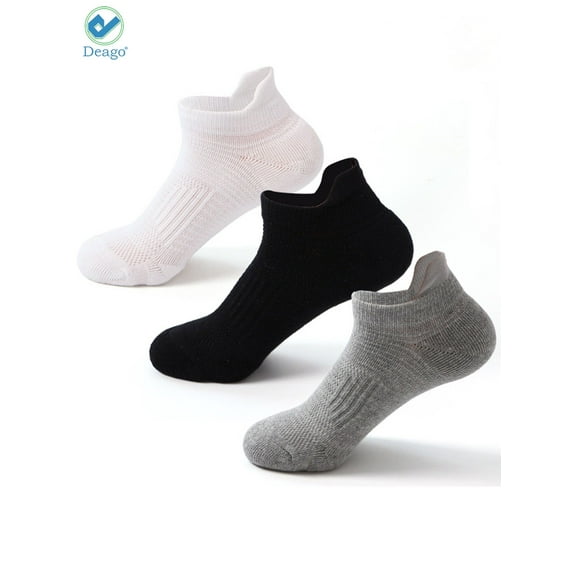 Deago 3 Pairs Men's Running Ankle Socks with Cushion Cotton Low Cut Athletic Sport Tab Socks (Black)