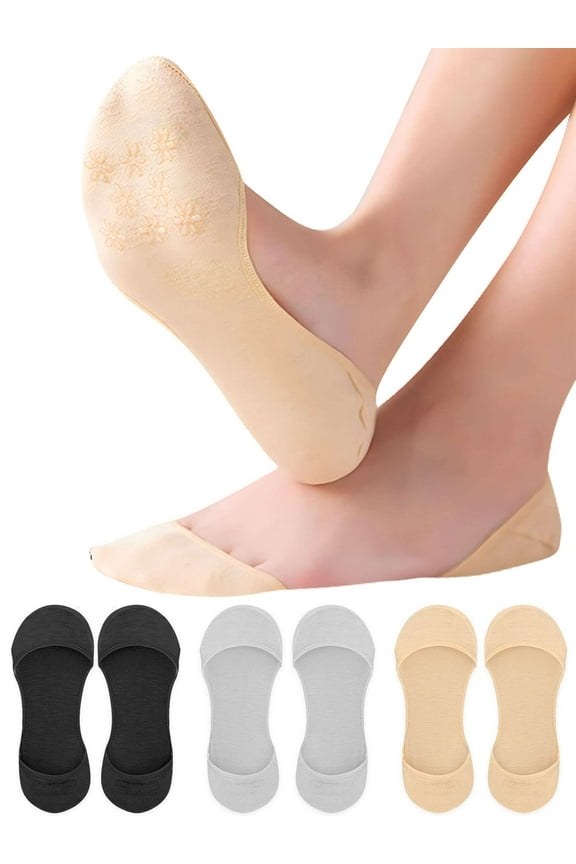 3 Pairs No Show Socks Women Nylon Ultra Low Cut Non-Slip Thin Liner Socks Invisible Hidden Socks for Flats (Gray)