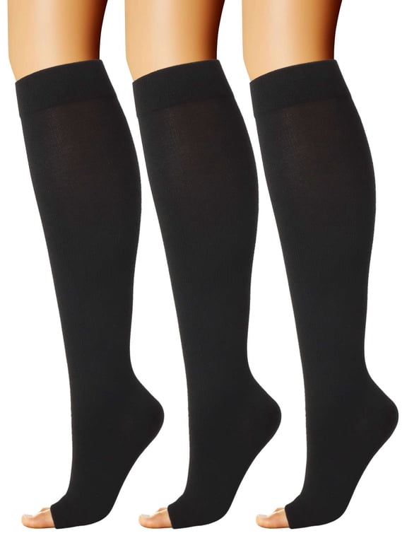 3 Pairs Open Toe Compression Socks for Women & Men 15-20 mmHg Toeless Sock Knee High Stockings for Circulation Support Recovery