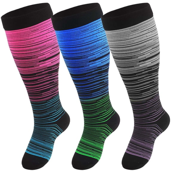 Deago 3 Pairs Plus Size Compression Socks for Women and Men 20-30 mmHg Extra Wide Calf Knee High Stockings for Circulation Support Recovery (3XL)