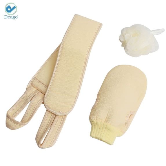 Deago 3 Pcs Exfoliating Back Scrubber for Shower, Korean Exfoliating Gloves Mitt for Body Exfoliation, Bath Scrub Loofah Sponge, Back Brush Washer Exfoliator for Men and Women (Beige)