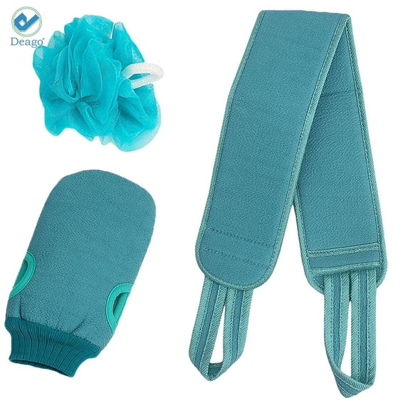 Deago 3 Pcs Exfoliating Back Scrubber for Shower, Korean Exfoliating Gloves Mitt for Body Exfoliation, Bath Scrub Loofah Sponge, Back Brush Washer Exfoliator for Men and Women (Green)
