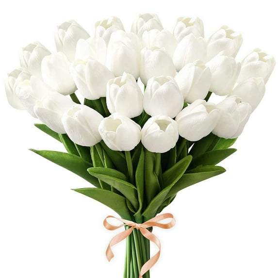 Deago 30 Pcs Artificial Tulips Flowers Real Touch PU Tulips Arrangement Bouquet for Home Room Office Party Wedding Decoration (White)