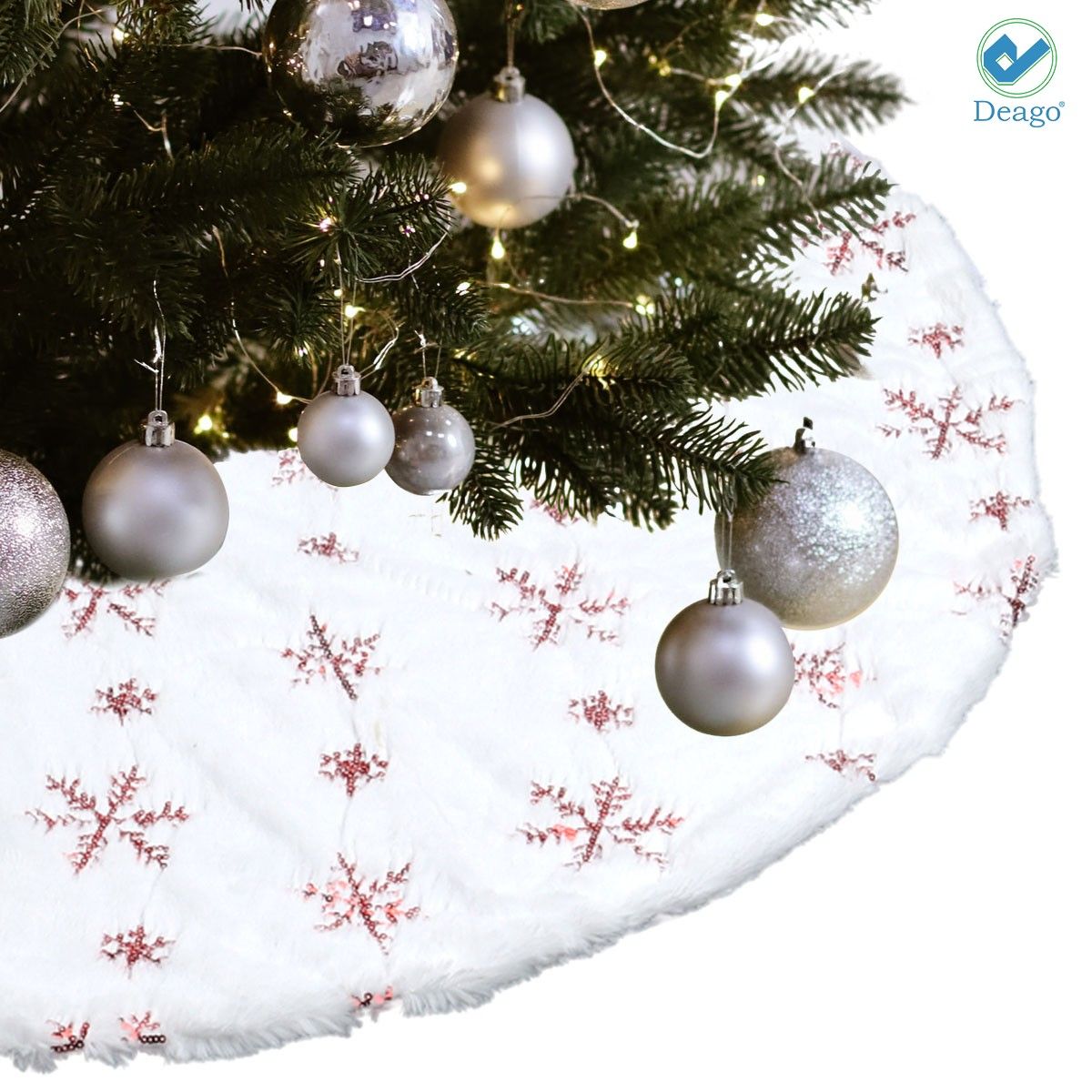 Deago 35.4 Inch Christmas Tree Skirt White Faux Fur Red Snowflake Tree ...
