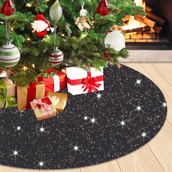 Deago 35 Inch Black Sequin Christmas Tree Skirt Embroidered Glitter Personalized Sparkle Polyester Xmas Tree Skirt Mat for Halloween Christmas Tree Decorations