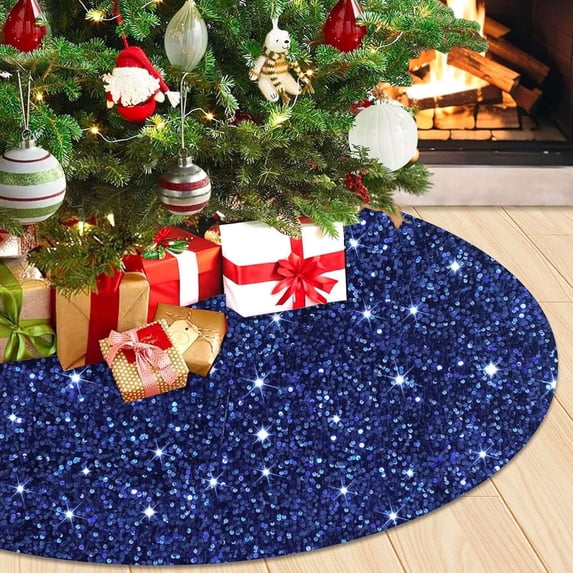 Deago 35 Inch Blue Sequin Christmas Tree Skirt Embroidered Glitter Personalized Sparkle Polyester Xmas Tree Skirt Mat for Halloween Christmas Tree Decorations