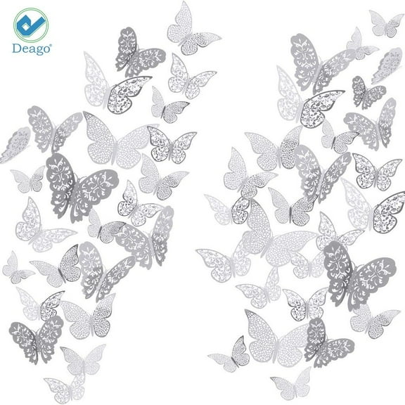 Deago 36Pcs 3D Hollow Butterfly Wall Decals Sticker Art Crafts Removable DIY Mural Set 3 Sizes for Bedroom Bathroom Living Room Home Decor (Silver)