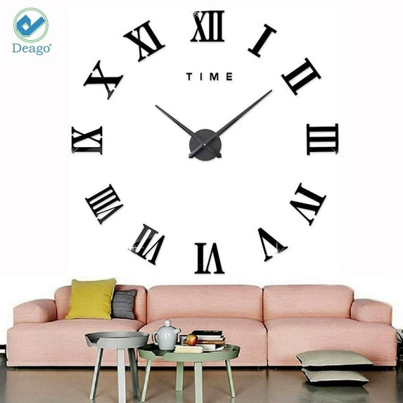 Deago 3D DIY Wall Clock Mute Modern Clock Stickers wth Mirror Roman Numerals For Living Room Home Decorations Gift (Black)