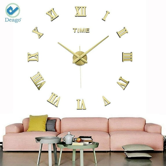 Deago 3D DIY Wall Clock Mute Modern Clock Stickers wth Mirror Roman Numerals For Living Room Home Decorations Gift (Gold)