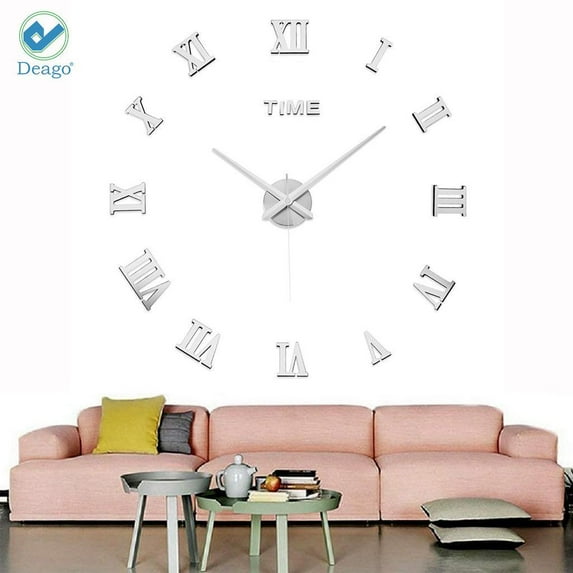 Deago 3D DIY Wall Clock Mute Modern Clock Stickers wth Mirror Roman Numerals For Living Room Home Decorations Gift (Silver)