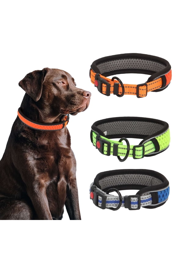 3M Reflective Mesh Padded Dog Collar with Buckle Adjustable Safety Pet Collar for Small Medium Large Dogs, Blue M