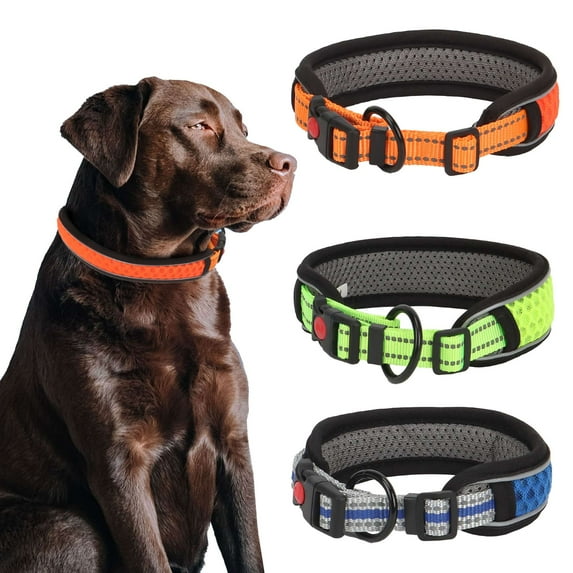 Deago 3M Reflective Mesh Padded Dog Collar with Buckle Adjustable Safety Pet Collar for Small Medium Large Dogs, Orange M