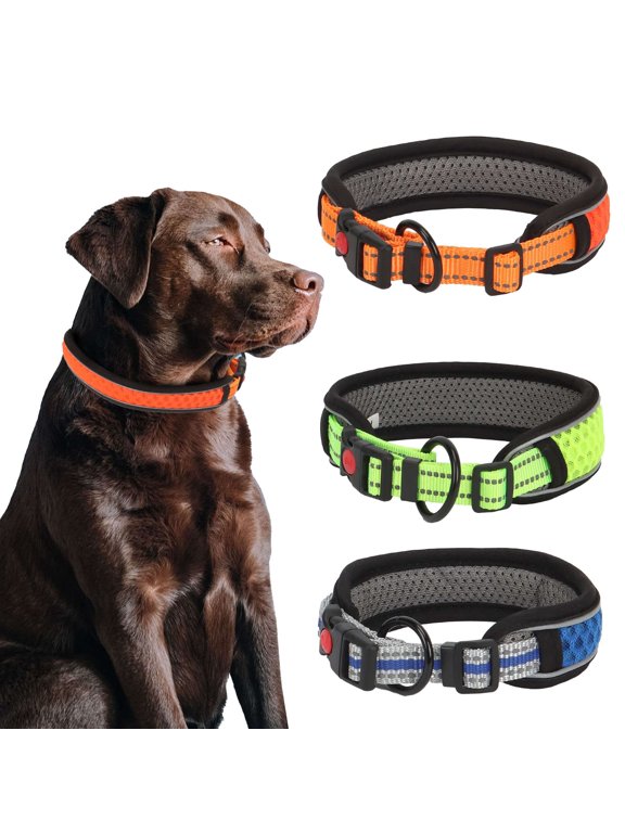 3M Reflective Mesh Padded Dog Collar with Buckle Adjustable Safety Pet Collar for Small Medium Large Dogs, Orange M