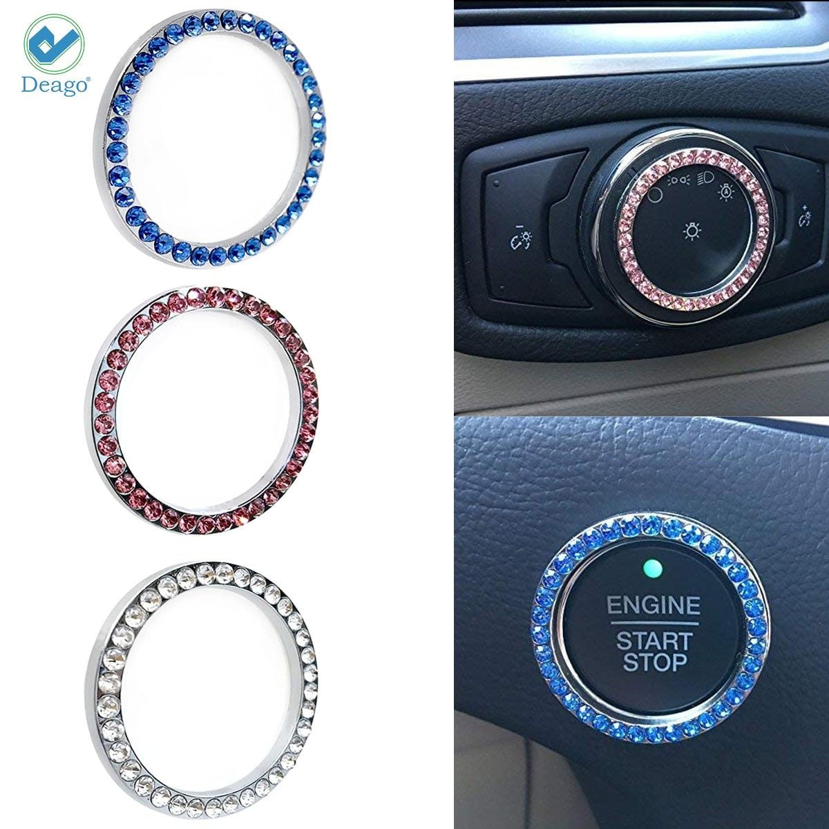 Deago 3Pcs Bling Car Crystal Rhinestone Ring Emblem Sticker, Car Interior  Decoration, Bling Car Accessories for Women, Push to Start Button, Key  Ignition Starter  Knob Ring