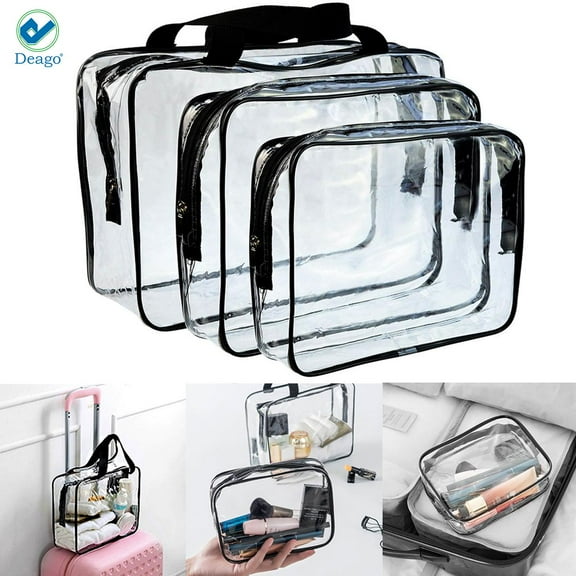 Deago 3Pcs Clear Cosmetic Makeup Bags Toiletry Bags Set with Zipper Handle Portable Waterproof Travel Luggage Pouch Airport Airline Bags