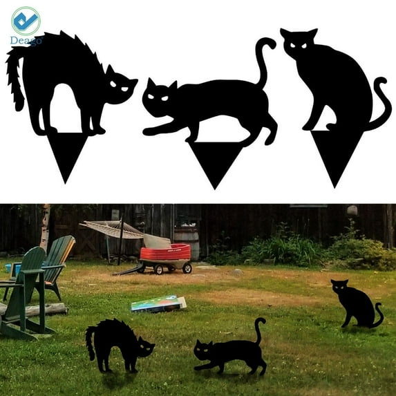 Deago 3Pcs Halloween Decorations Outdoor Black Cat Silhouette Yard Signs with Stakes Scary Family Home Garden Yard Party Plastic Decor