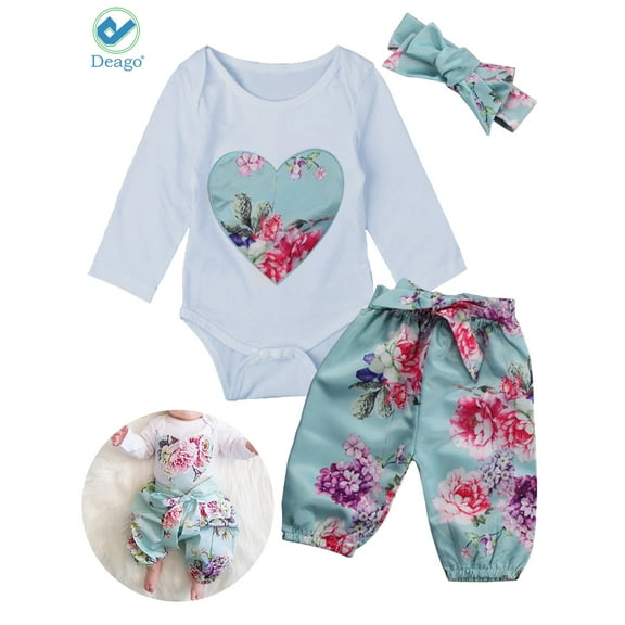 Deago 3pcs Baby Girls Long Sleeve Tops and Floral Pants Baby Cotton Clothes Set with Headband (18-24 Months)