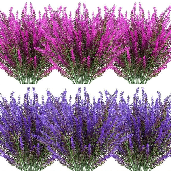 Deago 4 Bundles Artificial Lavender Flowers Outdoor UV Resistant Fake Flowers No Fade Faux Plastic Plants Garden Porch Window Box Decorating (Rose Red)