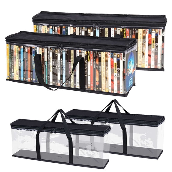 Deago 4 Pack DVD Storage Bags, Clear PVC DVD Case Holder with Handles and Zipper, Stackable Media Organizer Bag for DVDs, CDs, Blu Ray Disc, Movie Cases, VHS Box, Video Game Disks