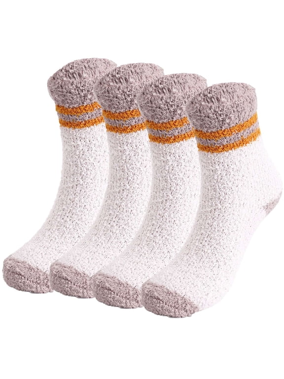 4 Pairs Mens Fuzzy Fluffy Slipper Socks, Winter Warm Thick Soft Cozy Cabin Stocking Sleep Plush Fleece House Socks (Camel)