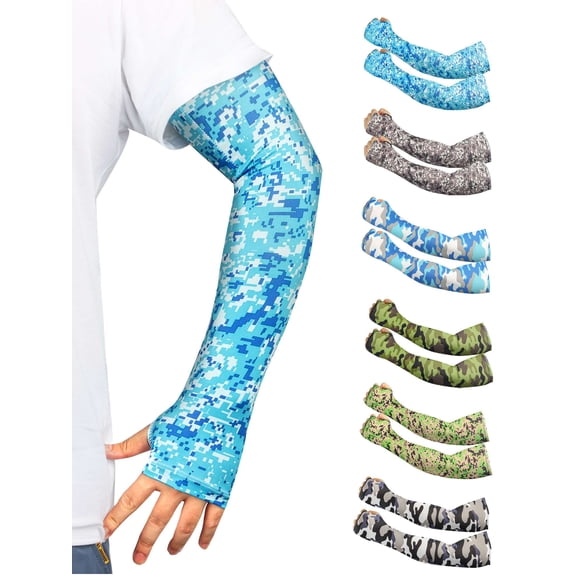 Deago 4 Pairs UV Sun Protection Arm Sleeves UPF 50 Sports Compression Cooling Sleeves for Men & Women Basketball Golf Running Football Cycling (Camouflage, Blue)