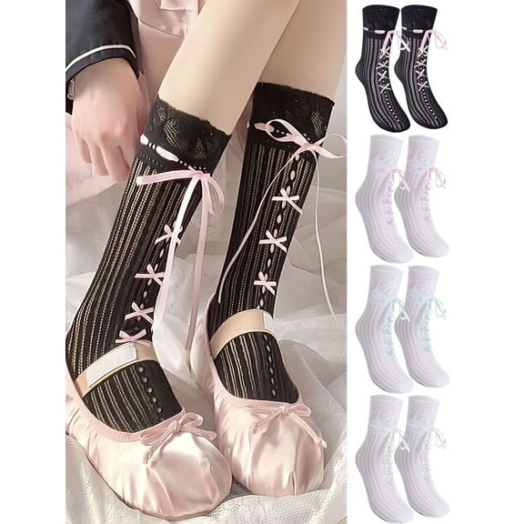 Deago 4 Pairs Womens Y2K Lace Lolita Socks Girls Kawaii Cute Bows High Sexy Sheer Trouser Socks Fishnet Stockings (Multicolor)