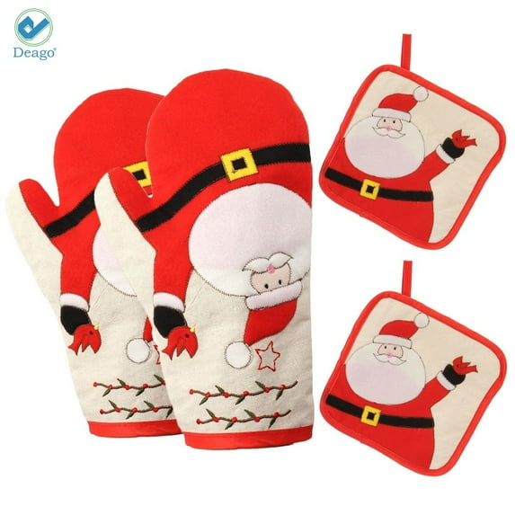 Deago 4 Piece Christmas Oven Mitts and Pot Holders Sets Heat Resistant Non-Slip Red Santa Claus Cooking Gloves Hot Pads Insulated Washable for Cooking Baking BBQ Decorative Kitchen Gift
