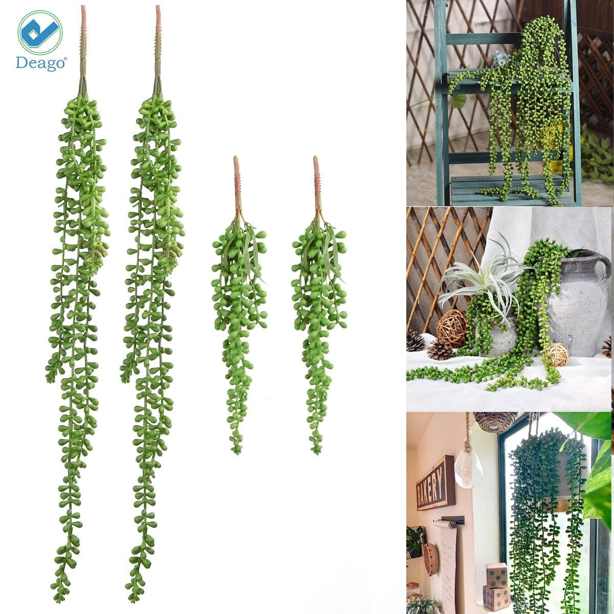 Deago 4Pcs 24 Artificial Succulents Hanging Plants Fake String of Pearls  Hanging Vine for Wedding Party Home Garden Wall Decoration (Green) 