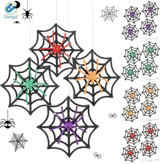 Deago 4Pcs 3 inch Glittered Halloween Decorations Spider Ornaments on Web for Door/Window/ Wall, Indoor/Outdoor use Party Decorations Supplies Hanging Ornaments (Orange)