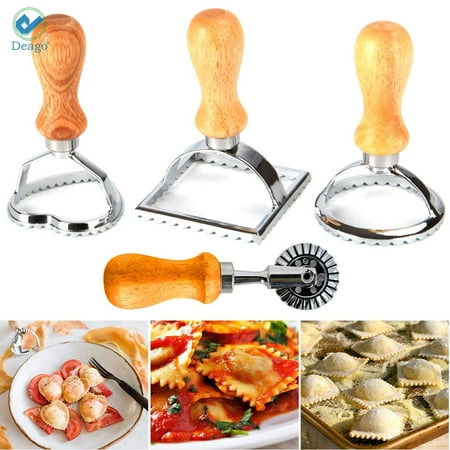 Deago 4Pcs Ravioli Stamp Maker Cutter with Roller Wheel Set, Mold with Wooden Handle and Fluted Edge, Pasta Press Kitchen Attachment