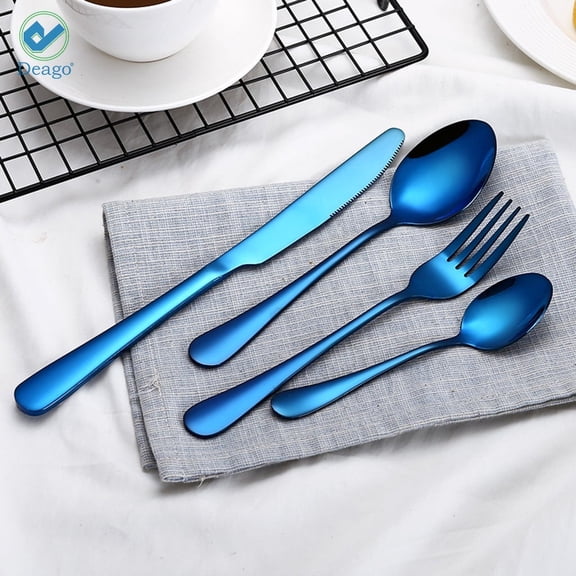 Deago 4pcs Rainbow Color Flatware Set Dinner Steak Knives Forks Spoons Teaspoons Cutlery Set Service for 1 (BLUE)