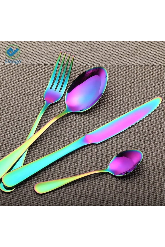4pcs Rainbow Color Flatware Set Dinner Steak Knives Forks Spoons Teaspoons Cutlery Set Service for 1 (Colorful)