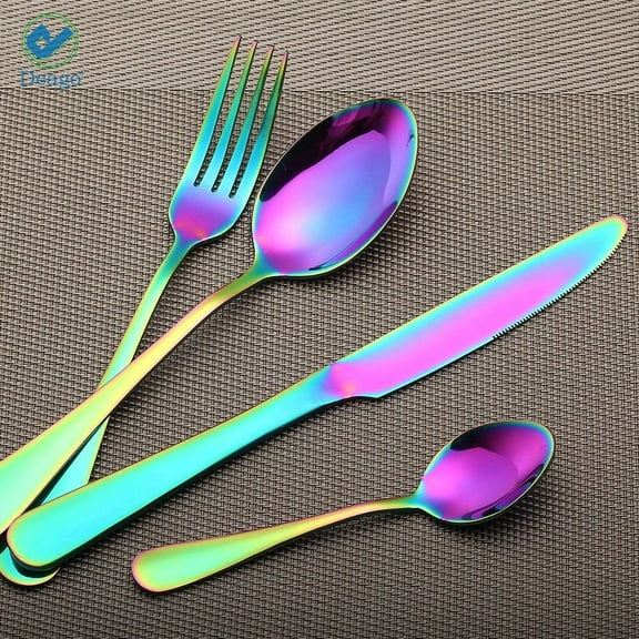 Deago 4pcs Rainbow Color Flatware Set Dinner Steak Knives Forks Spoons Teaspoons Cutlery Set Service for 1 (Colorful)