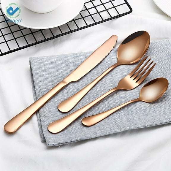 Deago 4pcs Rainbow Color Flatware Set Dinner Steak Knives Forks Spoons Teaspoons Cutlery Set Service for 1 (ROSE GOLD)