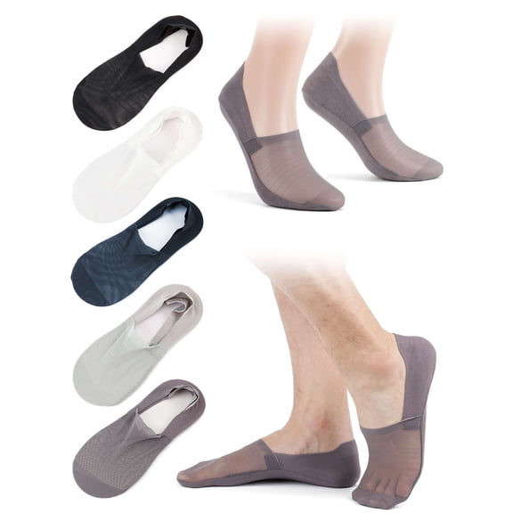 Deago 5 Pairs Mens Thin No Show Socks Invisible Cotton Breathable Socks Non-Slip Low Cut Boat Socks (Gray)