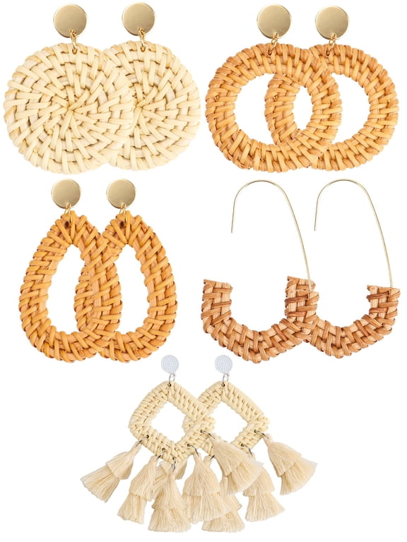 Rattan Earrings Lightweight Geometric Tassel Woven Bohemian Earrings Handmade Straw Wicker Braid Hoop Drop Dangle Earrings for Women