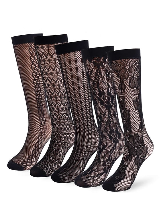 5 Pairs Women's Fishnet Mesh Knee High Stockings Lace Hollow out Sheer Calf Socks for Women