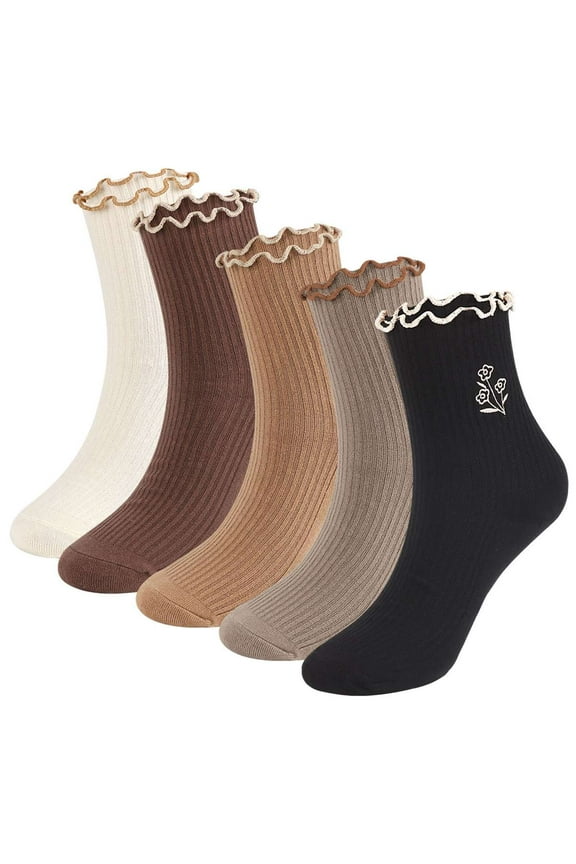 5 Pairs Women's Ruffle Socks Casual Cute Ankle Socks Breathable Knit Cotton Soft Frilly Crew Socks for Women (Multicolor)