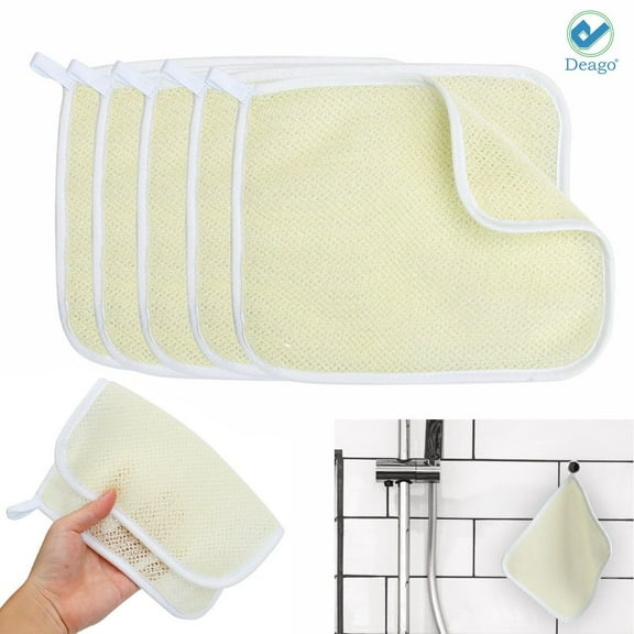 Deago 5 Pieces Exfoliating Face and Body Wash Cloths Towel Dual-Sided Weave Bath Cloth Exfoliating Scrub Cloth Massage Bath Cloth for Women and Men (Beige)