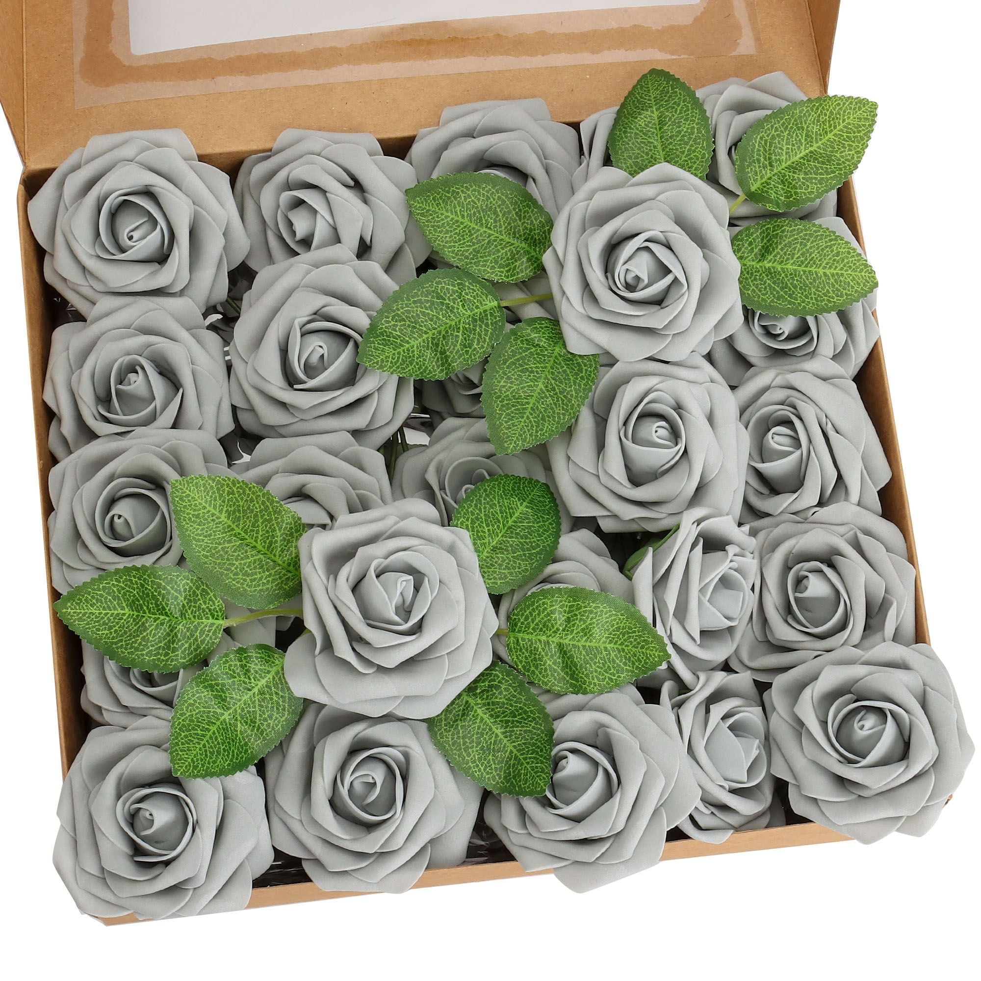 Deago 50 Pcs Artificial Flowers Real Looking Foam Fake Roses with Stems ...