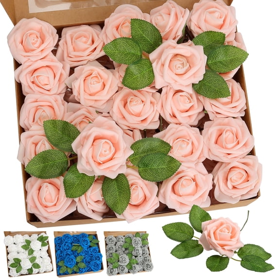 Deago 50 Pcs Artificial Flowers Real Looking Foam Fake Roses with Stems for DIY Wedding Bouquets Bridal Shower Centerpieces Party Home Decorations (Pink)