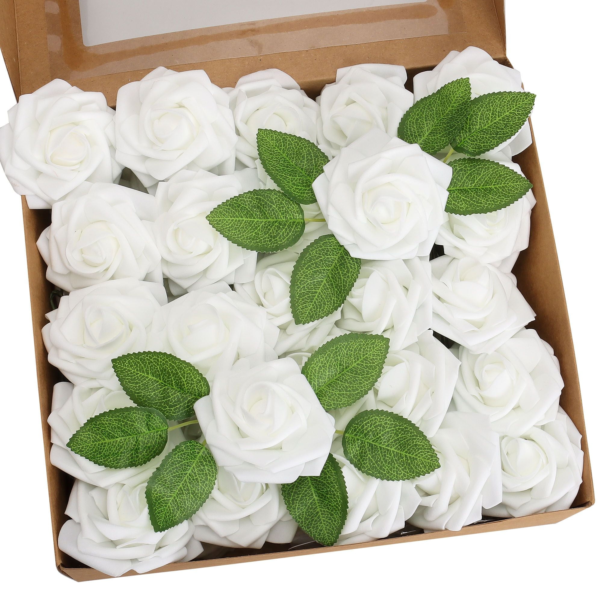Paper Fake Roses Deago 50 Pcs Artificial Flowers Real Looking Foam Fake Roses with Stems ...