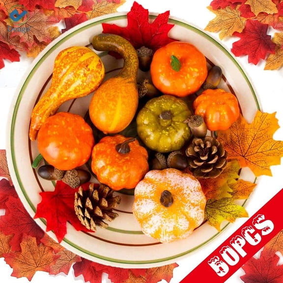Deago 50PCS Mini Artificial Pumpkins and Gourds Maple Leaves Pine Cones Acorns for Festival Halloween Thanksgiving Fall Harvest Home Decoration