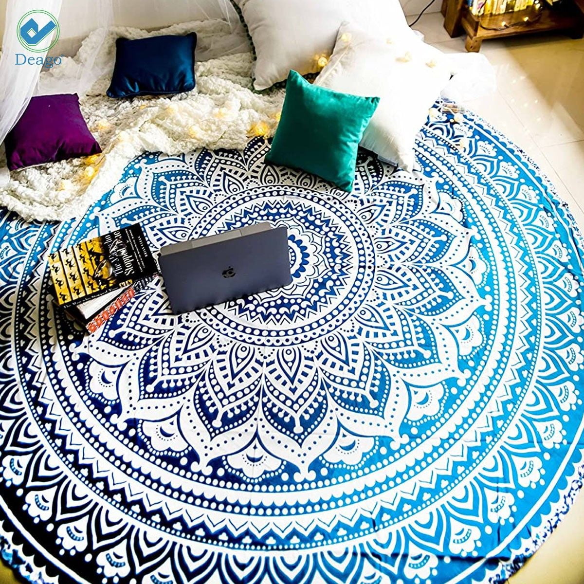 Raajsee Yellow Mandala Round Beach Tapestry – Cotton Boho Blanket, Yoga Mat, 50-Inch Circle - View #3