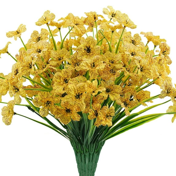 Deago 6 Bundles Artificial Violet Flowers Outdoor UV Resistant Shrubs Fake Flowers No Fade Plastic Plants Garden Porch Window Box Decorating (Yellow)