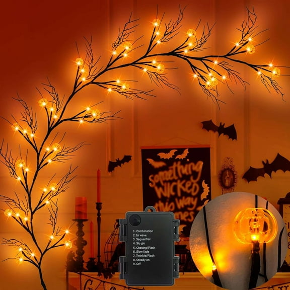 Deago 6 Ft 54 LED Halloween Willow Vine Twig Garland with Pumpkins Orange Lights 8 Modes Waterproof Battery Operated Halloween Decorations Home Indoor Wall Fireplace